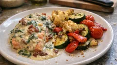 Laxfilé i gräddig parmesansås med spenat och soltorkade tomater