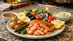 Varmrökt lax med två såser – med rostad färskpotatis och grillad sparris