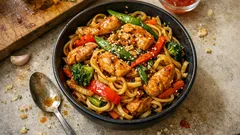 Kycklingwok med nudlar och grönsaker – curry, soja och sweet chili på 25 minuter