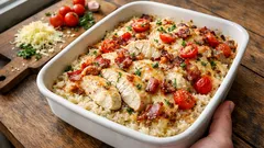 Kyckling- och bacongratäng på risbädd – krämig ugnsmiddag som sköter sig själv