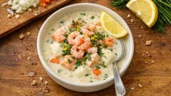 Krämig fisksoppa med räkor, dill och citron – klar på under 30 minuter