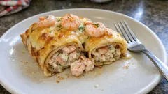 Pannkaksrulle med räkor och pepparrot – gratinerad och enkel att lyckas med