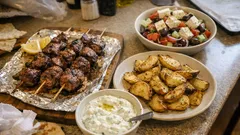 Souvlaki hemma – saftiga grillspett med tzatziki, klyftpotatis och grekisk sallad