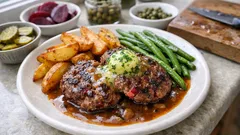 Biff à la Lindström som på klassisk krog – saftiga biffar med brunsås och klyftpotatis