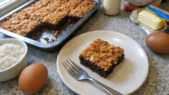 Ryttarkaka i långpanna: kladdig chokladbotten med gyllene kokostosca