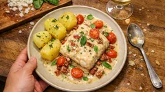 Torskrygg i krämig vinsås – med soltorkade tomater och basilika