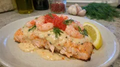 Ugnsbakad lax med räkor och rom – krämig sås som håller fisken saftig