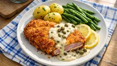 Dubbelpanerad skinkschnitzel som blir riktigt frasig – med snabb krämig sås