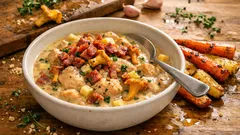 Krämig kycklinggryta med kantareller och bacon – med äpple som lyfter smaken