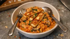 Krämig halloumi stroganoff med röda linser – enkel vardagsgryta med mycket smak