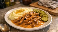 Krämig biff Stroganoff med potatispuré – pepprig klassiker som sitter