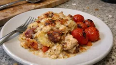 Allt i en form: kyckling och chorizo med krämig potatisgratäng