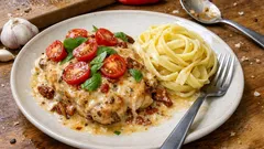 Krämig kycklinggratäng med soltorkade tomater och parmesan – klar på under 30 min