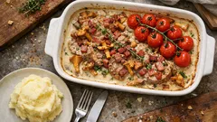 Fläskfilégratäng med bacon och kantareller – krämig vardagsmiddag i ugnen