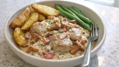 Krämig fläskfilégryta med bacon och kantareller – ädelost som lyfter allt