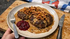 Färsbiffar med rostad lök och stekpannesås – saftiga biffar som alltid blir bra