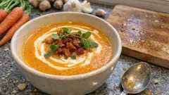 Krämig morotssoppa med ingefära – len vardagssoppa med bacon och crème fraiche