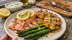 Citronbakad lax på plåt med krossad potatis – krispigt, saftigt och enkelt