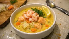 Krämig fisksoppa med saffran, fänkål och räkor – klar på runt 30 minuter