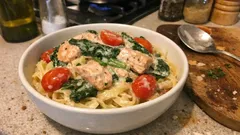 Lax i krämig vitvinssås med spenat och tomater – allt i en panna