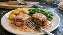 Baconlindade färsbiffar i rosépepparsås – krämig vardagslyx som alltid blir saftig