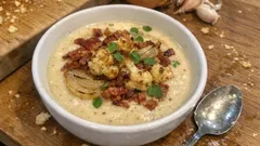Krämig blomkålssoppa med bacon och rostad lök – enkel vardagsmiddag