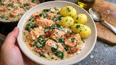 Lyxig laxgryta i en panna – krämig sås med spenat, parmesan och soltorkade tomater