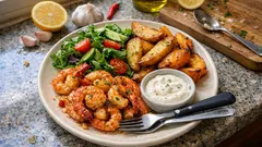 Stekta räkor med vitlök och citron – med krispiga klyftor och vitlöksdipp