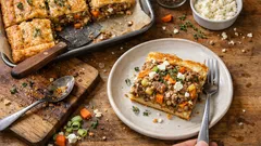 Köttfärspaj i långpanna med fetaost – lätt att skära i rutor till buffé och kalas