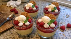 Citronmousse i glas med hallonsås och spröda havreflarn – perfekt att förbereda dagen innan