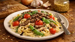 Krämig lövbiffpasta med dijon och vitlök – klar på en halvtimme