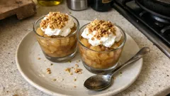 Snabb äppeldessert i glas – len kompott med rostat havresmul och grädde