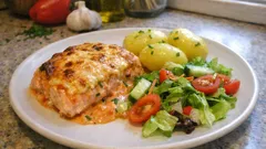 Laxgratäng med paprika- och gräslökssås – krämig ugnsmiddag som alltid blir saftig