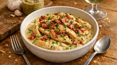 Krämig kycklinggryta med dijonsenap, vitt vin och knaprigt bacon